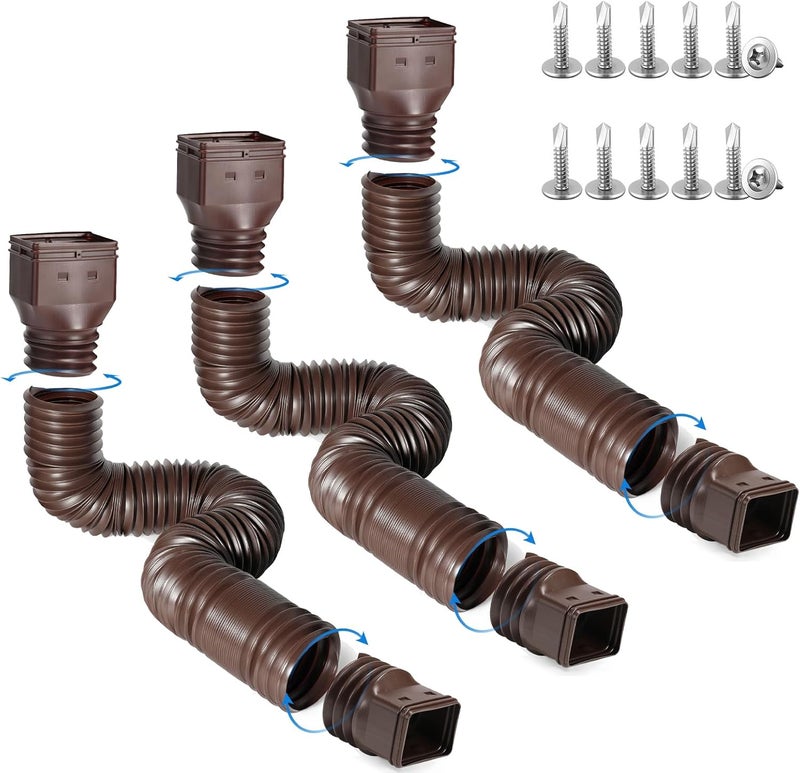 plusgutter Rain Gutter Downspout Extensions, Flexible Downspout Extender for Rain Water Drainage, Down Spout Drain Extension Extendable from 21 to 68 Inches(3 Pack, Brown) - Image 1